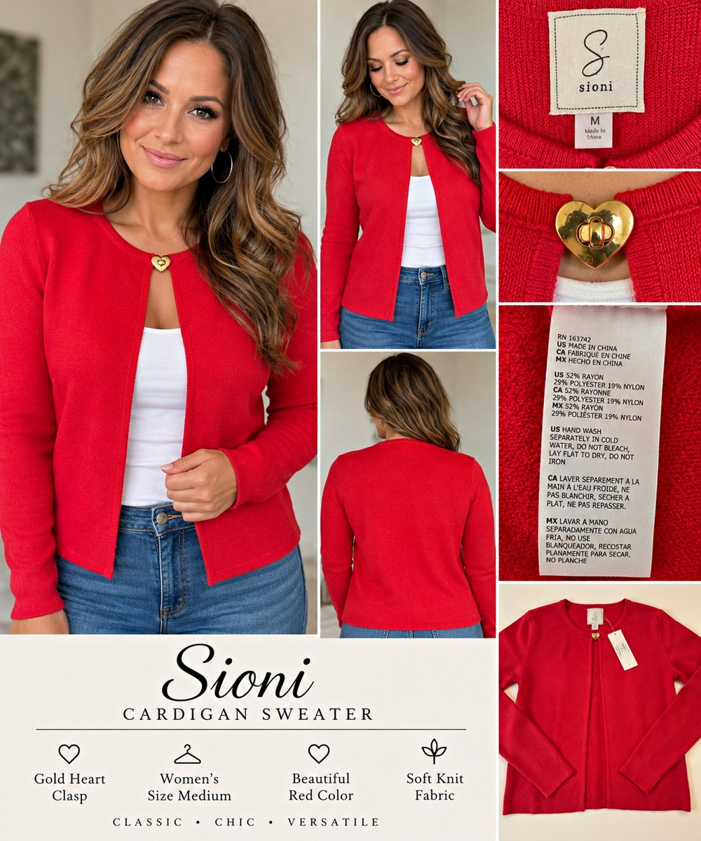 Sioni Women’s Cardigan Sweater M Red Gold Heart Clasp Long Sleeve NWT